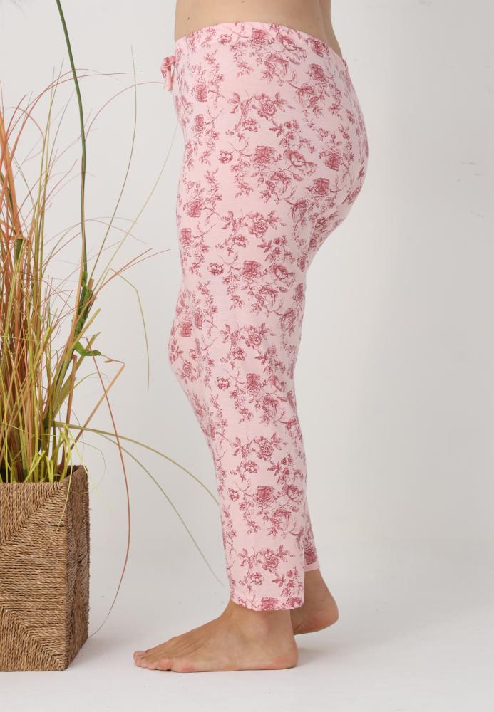 Pantaloni de Pijama Dama Lungi,Big Size,Culoare Roz cu Trandafir Rosu, Engros